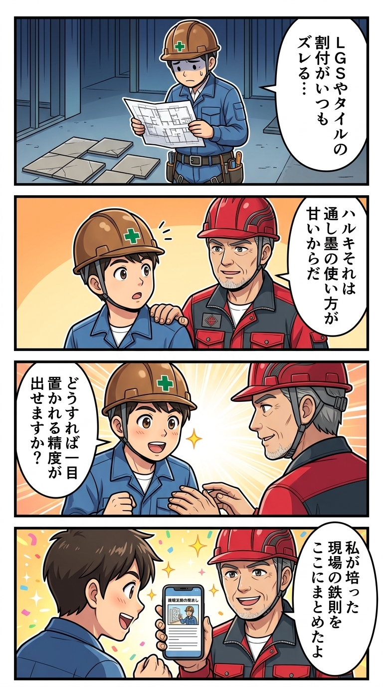 タイル墨出し,割付,建具墨出し,内装墨出し,LGS墨出し,方法