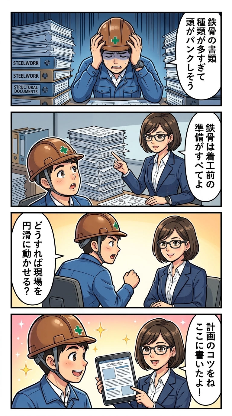 鉄骨工事　工事計画　設計図書　確認　チェックポイント　施工計画書　鉄骨　記載事項　質疑応答書　書面管理　建設現場　届出 申請方法
