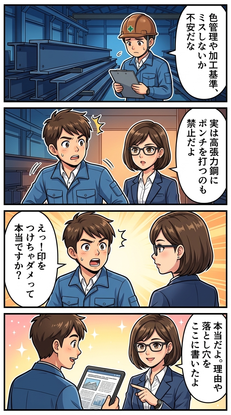  鋼材　識別色　高張力鋼　ポンチ　けがき　NG　ガス切断　ノッチ　許容差　曲げ加工　孔あけ　注意点　鉄骨製作　工場　加工　品質管理
