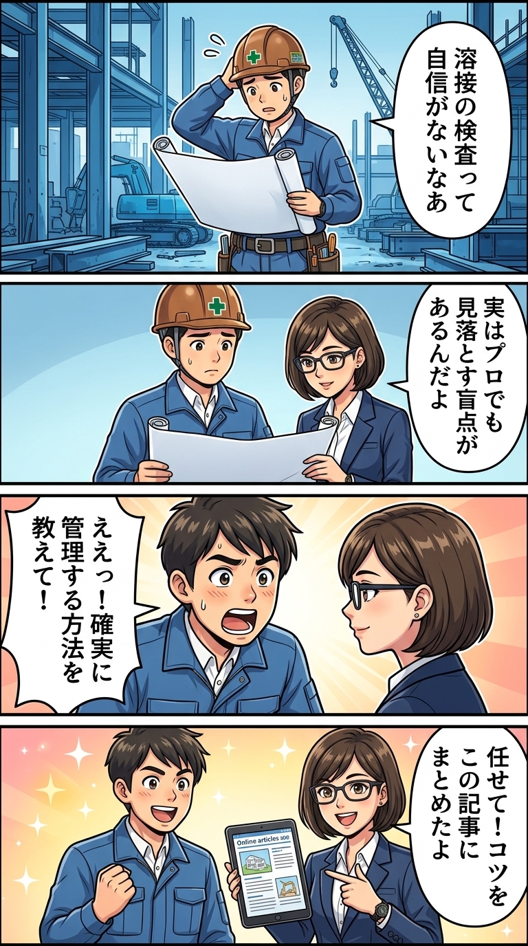 現場溶接,NG事例,工場溶接,違い,管理ポイント,デッキプレート,種類,頭付きスタッド,打撃曲げ試験,検査,溶接ひずみ,縮み,矯正,エンドタブ,捨てプレート,現場溶接