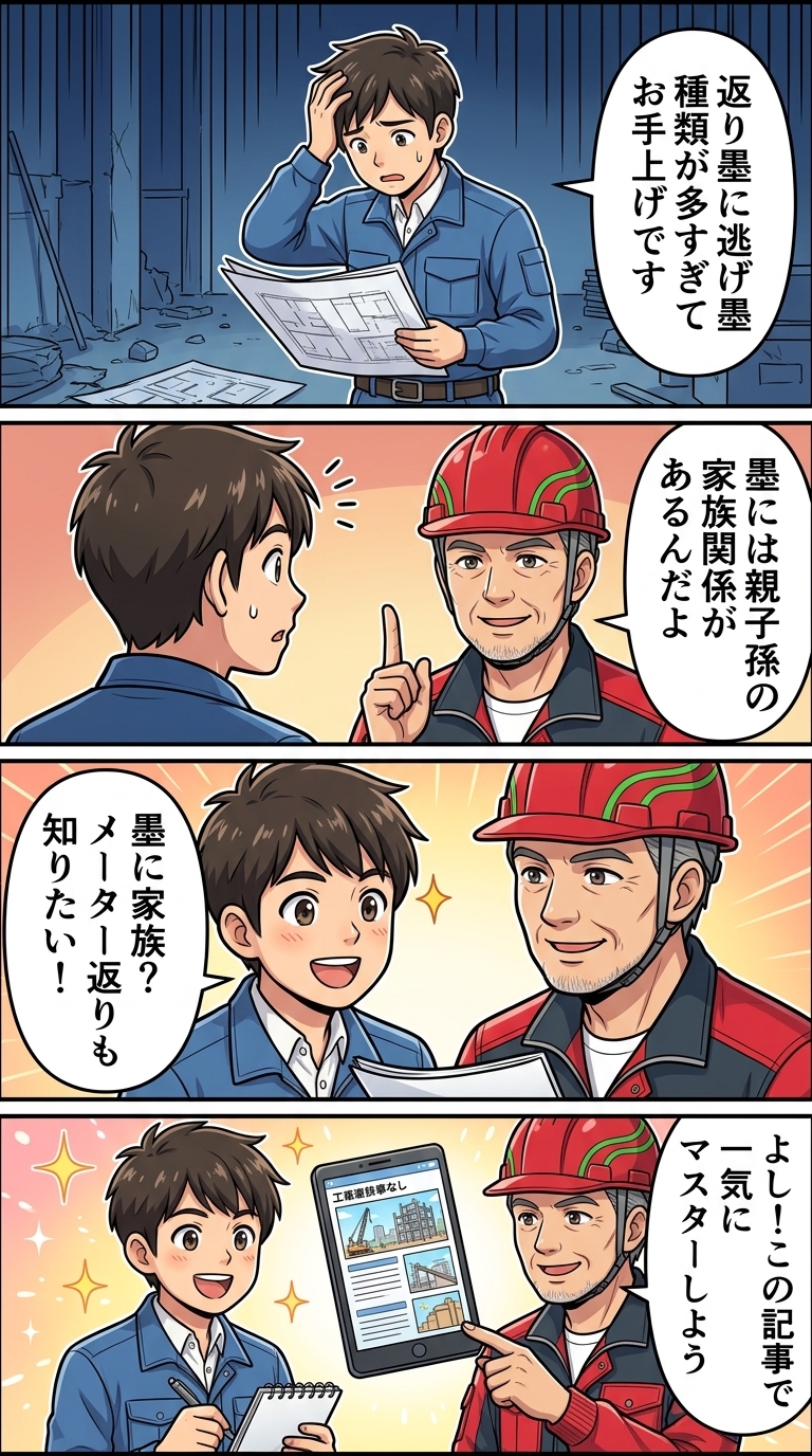 返り墨,芯墨,返り墨,墨出し,通り芯,陸墨,ろくずみ,意味,地墨,縦墨,違い,逃げ墨,,親墨,子墨,孫墨,メーター返り墨